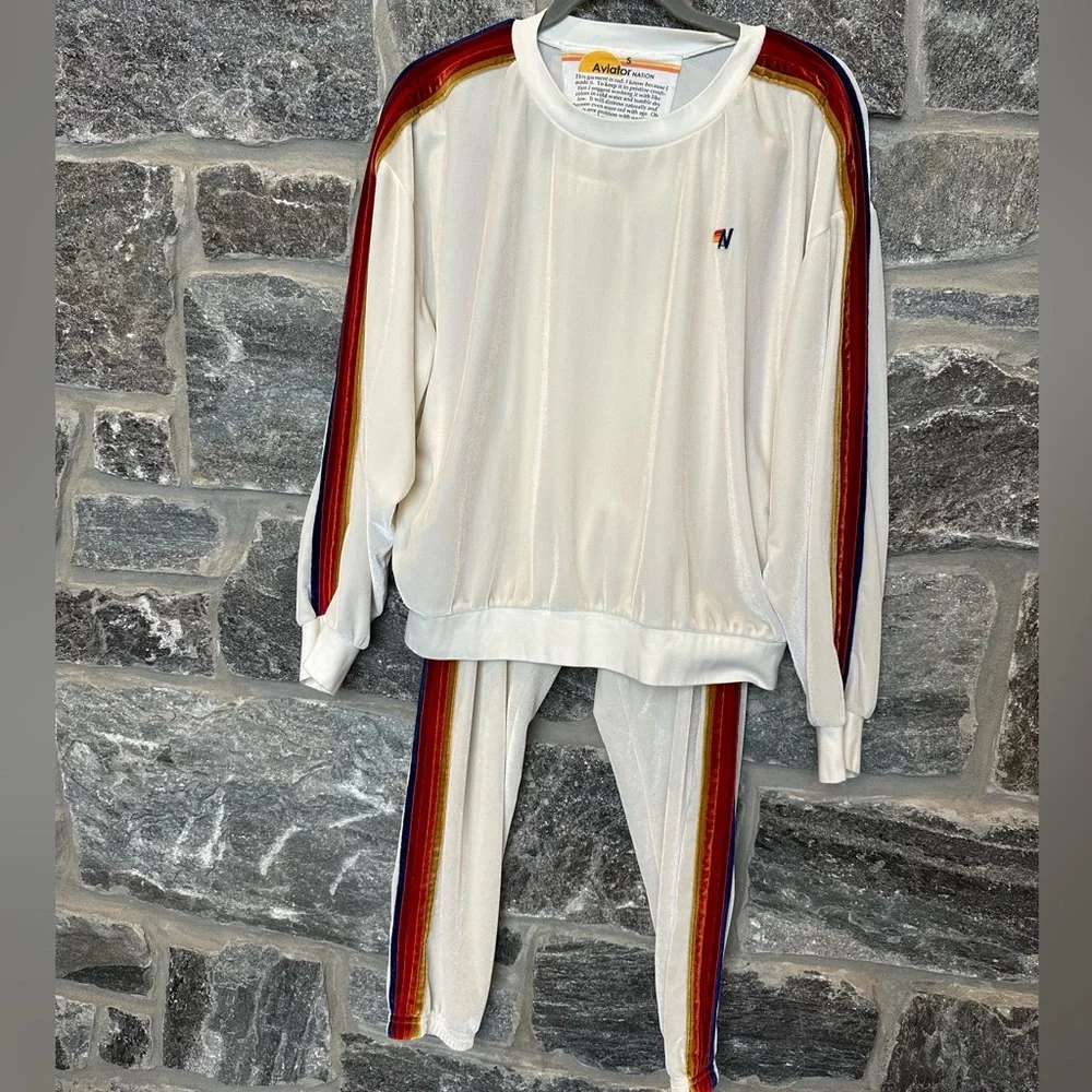 Aviator Nation Relaxed Velvet Jogger White with Colorful Stripes size SMALL - Picture 11 of 12